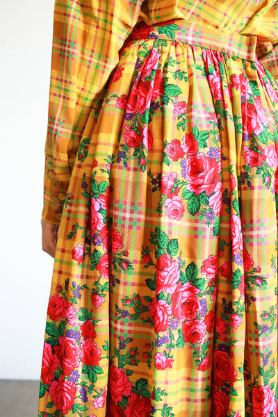 1980s Gloria Sachs Silk Floral Plaid Print Set