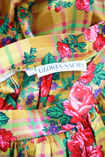 1980s Gloria Sachs Silk Floral Plaid Print Set