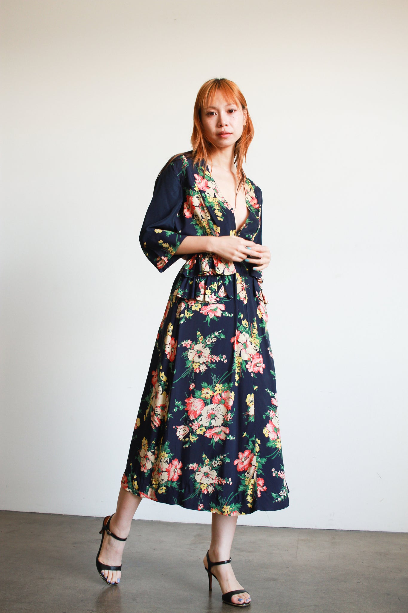 1940s Rayon Botanical Print Dress