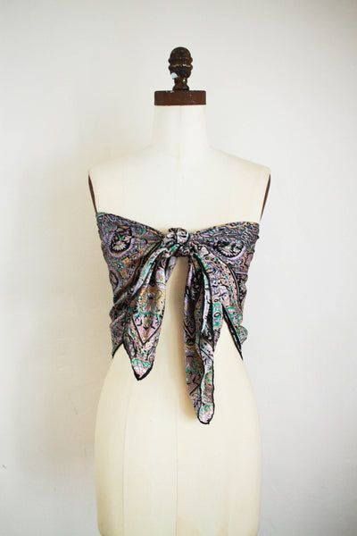 1970s Silk Hand-Rolled Paisley Print Large Scarf