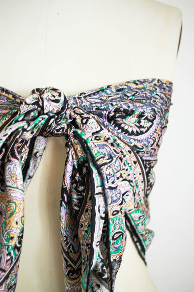 1970s Silk Hand-Rolled Paisley Print Large Scarf
