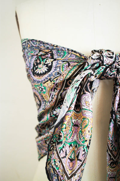 1970s Silk Hand-Rolled Paisley Print Large Scarf