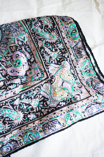 1970s Silk Hand-Rolled Paisley Print Large Scarf
