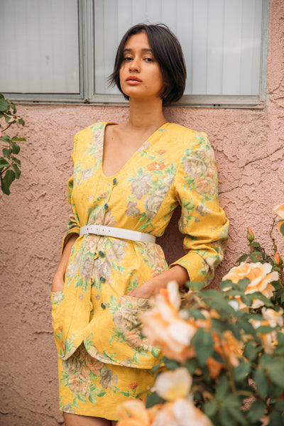 1980s Ungaro Silk Yellow Floral Print Skirt Set