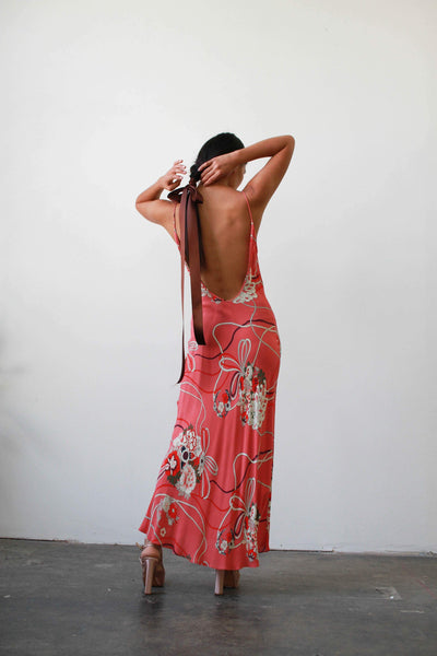 1990s Pink Print Rayon Bias Dress