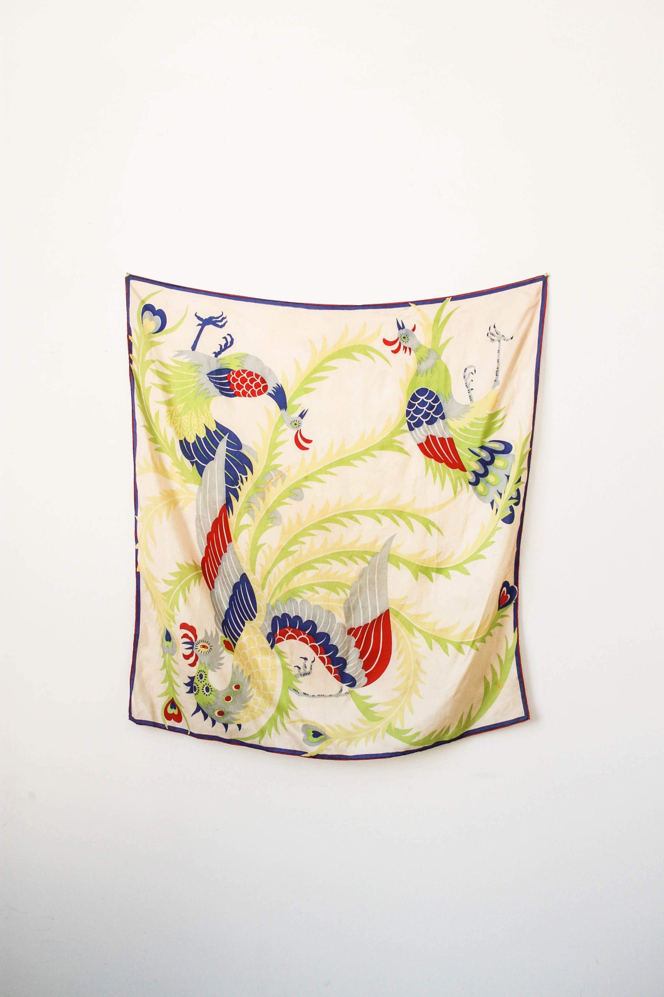 1920s Pongee Silk Rooster Print Scarf