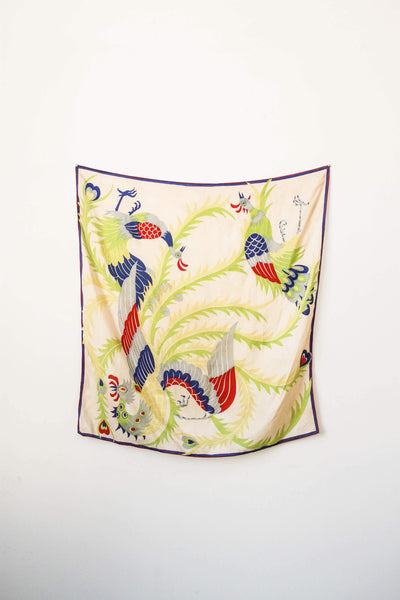 1920s Pongee Silk Rooster Print Scarf