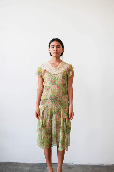 1920s Green Floral Print Chiffon Silk Dress
