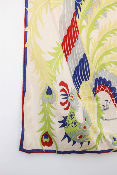 1920s Pongee Silk Rooster Print Scarf