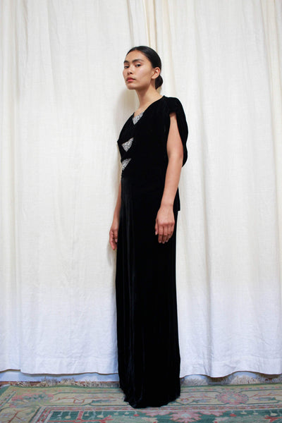 1930s Noir Velvet Rhinestone Bias Gown