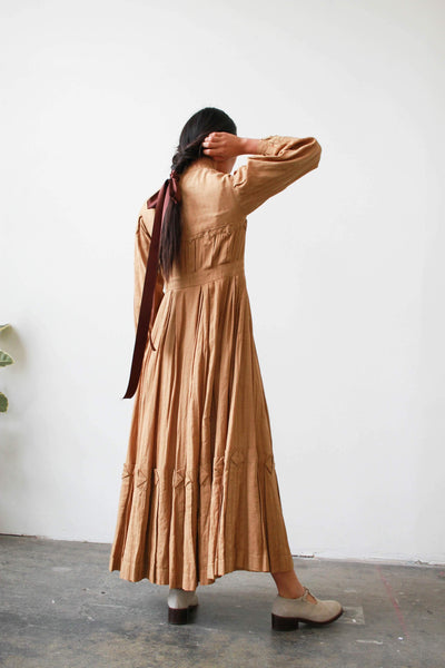 Edwardian Camel Woven Cotton Pleated Dress