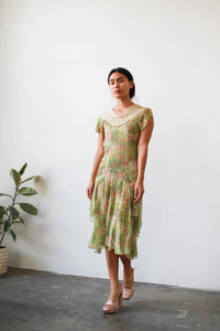 1920s Green Floral Print Chiffon Silk Dress